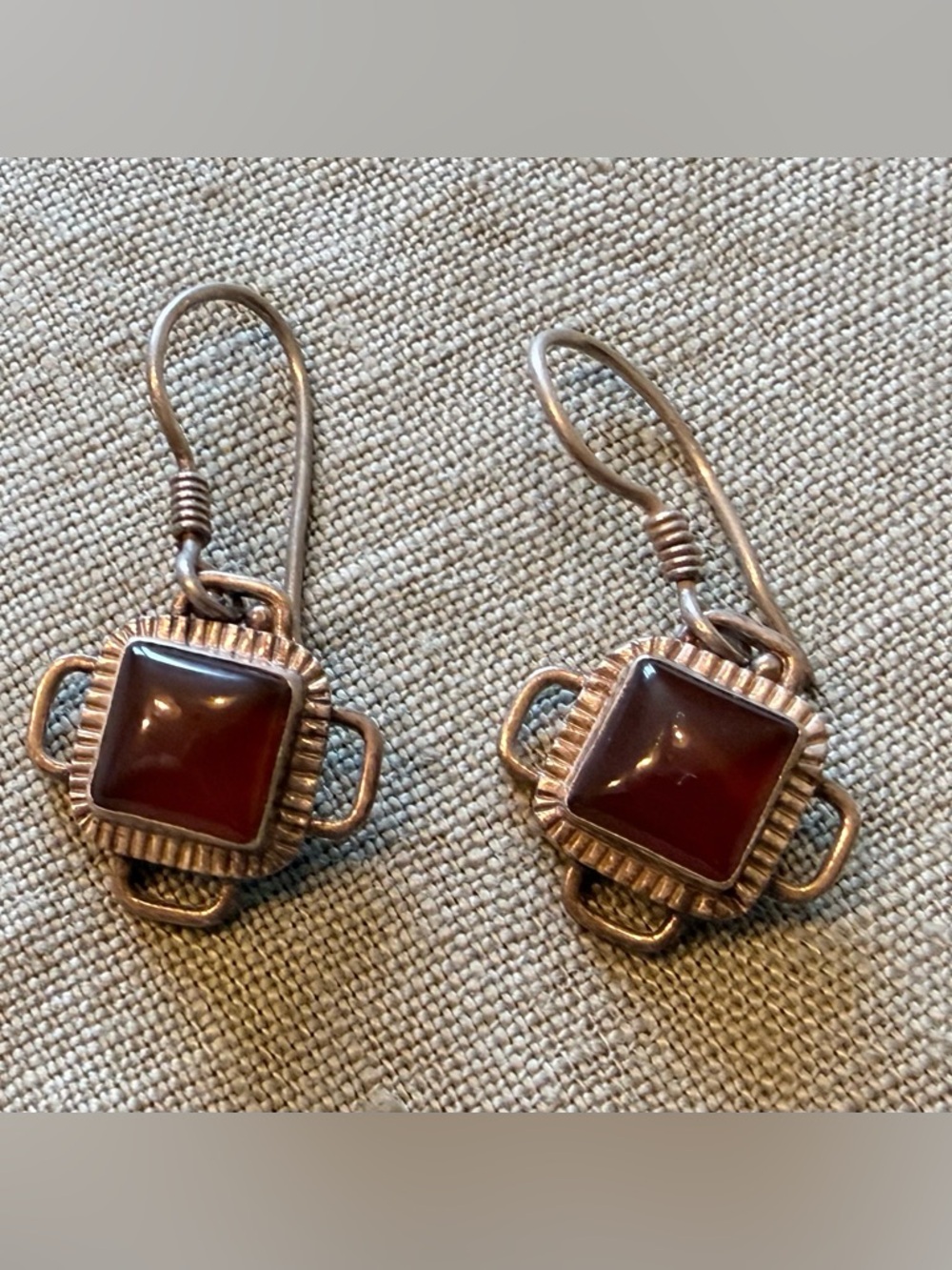 Dark Red Square Stone Drop Earrings - Unbranded